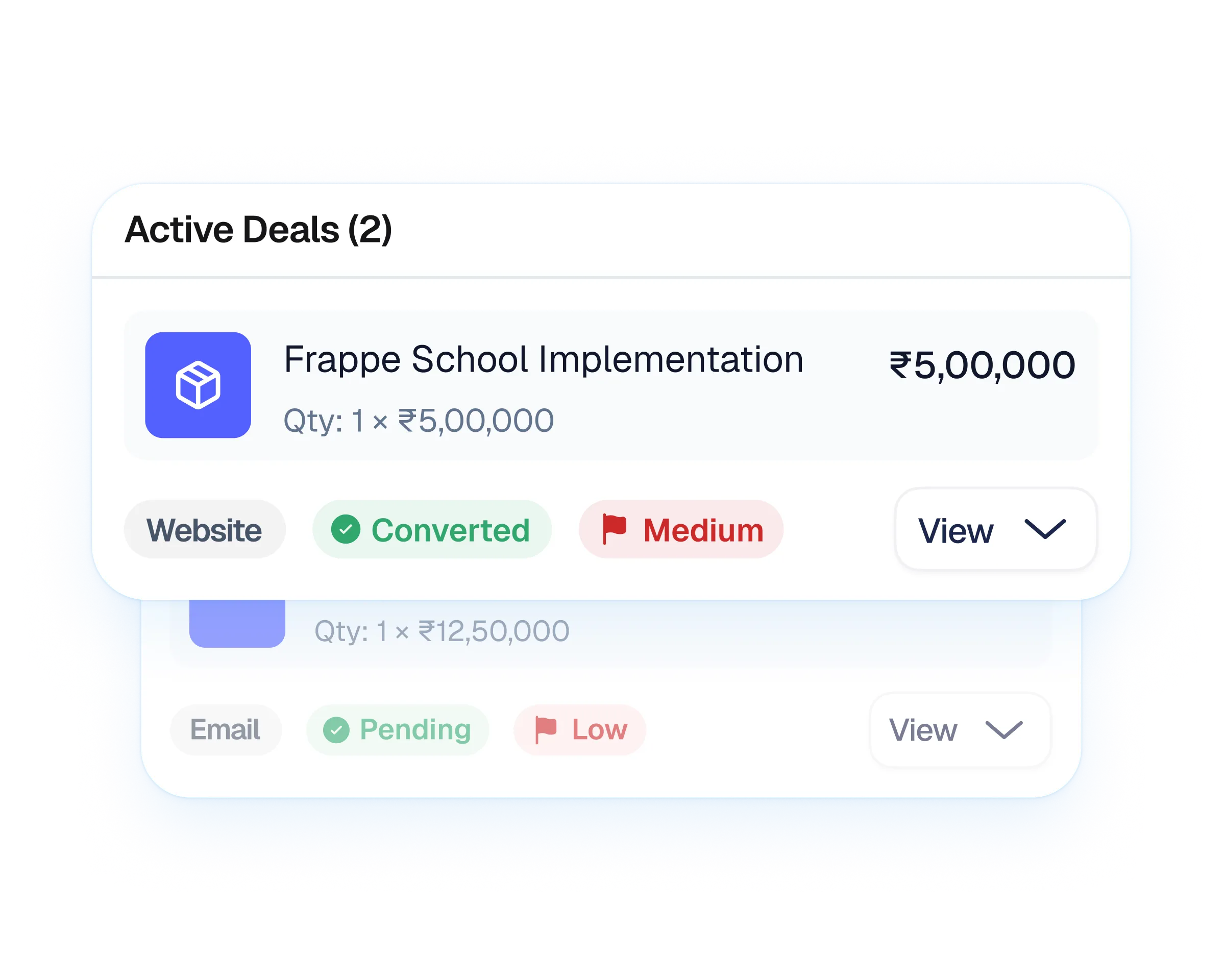 Active deals list showing deal value, conversion status, lead priority, and source within a CRM dashboard.